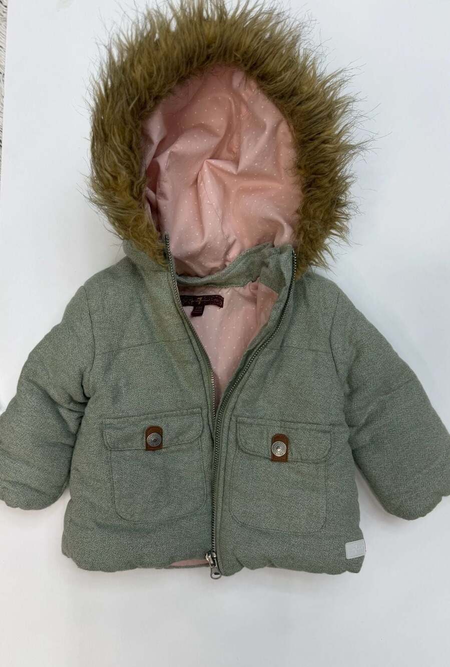 7 For All Mankind Girls Olive Green Faux Fur Hooded Puffer Winter Jacket